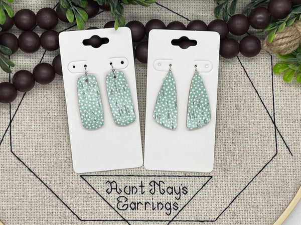 Mint Seafoam Green Cork with White Dots Leather Earrings