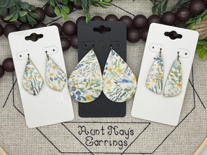White Cork with Green Blue and Yellow Leaves and Flowers Print Leather Earrings