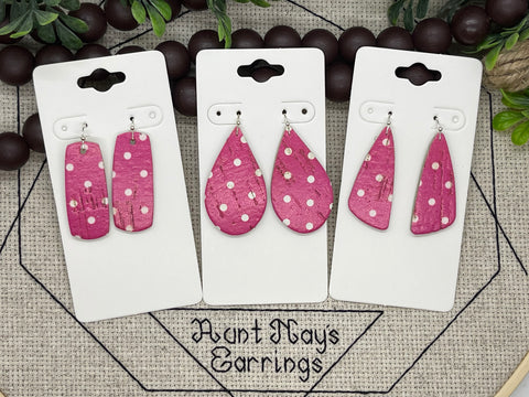 Bright Pink Cork with White Dots Print Leather Earrings
