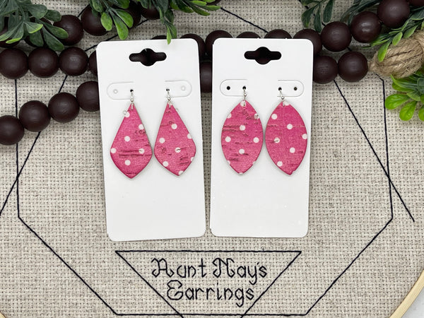 Bright Pink Cork with White Dots Print Leather Earrings