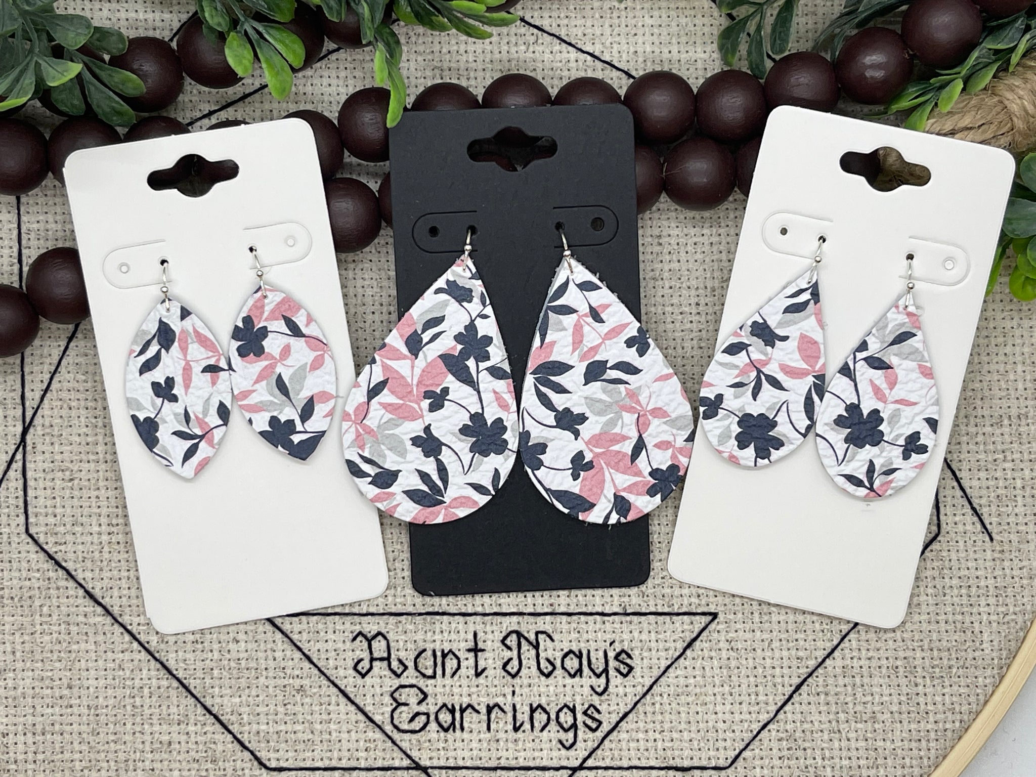 White Leather with Navy Blue Pink and Gray Leaf and Flower Print Leather Earrings