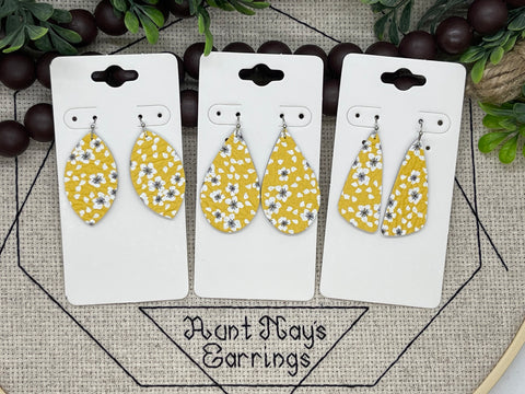 Bright Yellow Leather with a White Poppy Print Leather Earrings