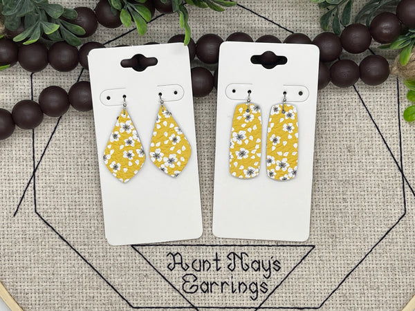 Bright Yellow Leather with a White Poppy Print Leather Earrings