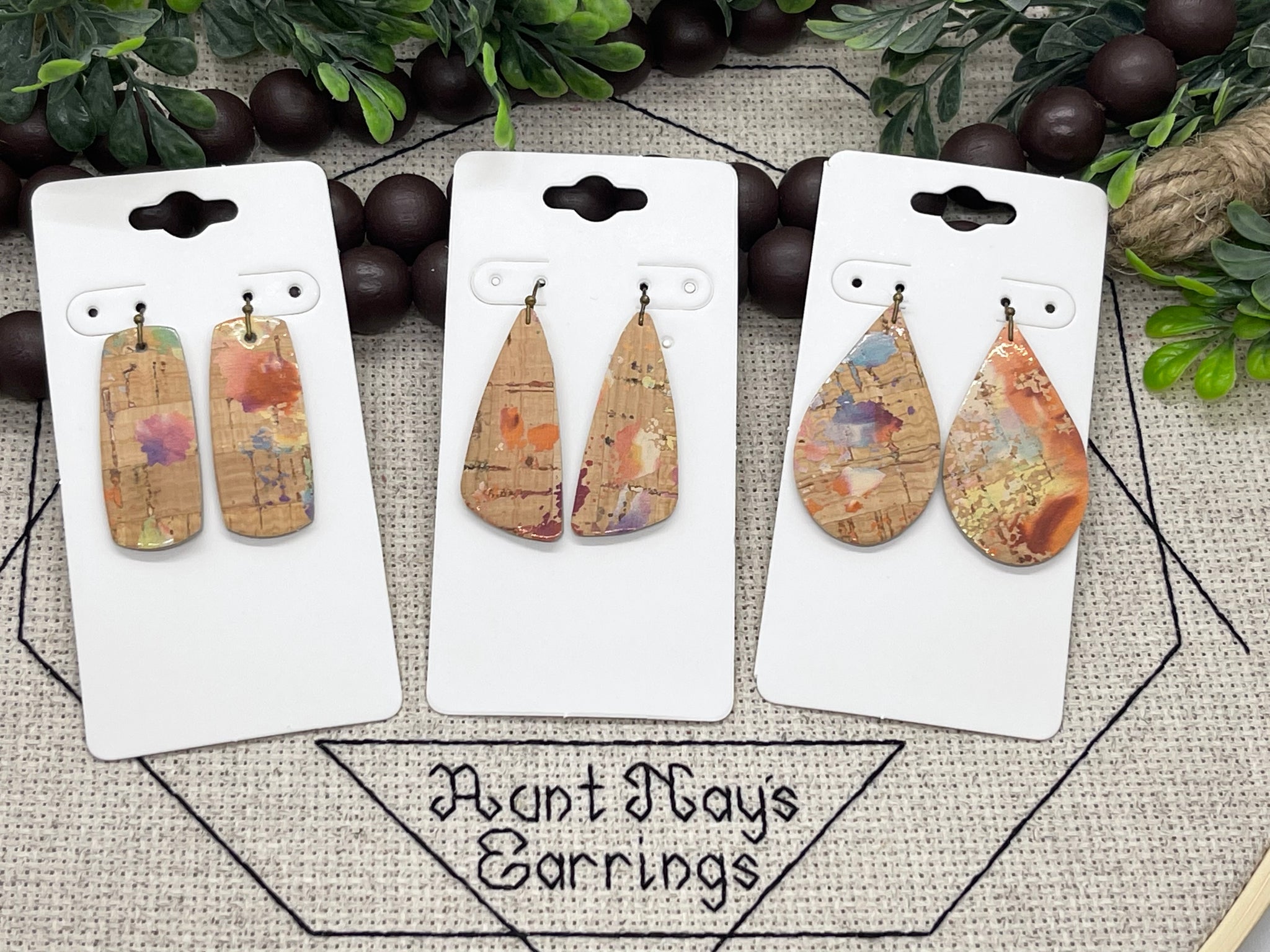 Tan Cork with Multi-colored Paint Splatter Leather Earrings