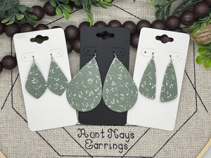Sage Green Leather with a Delicate Creamy White Leaf Print Leather Earrings