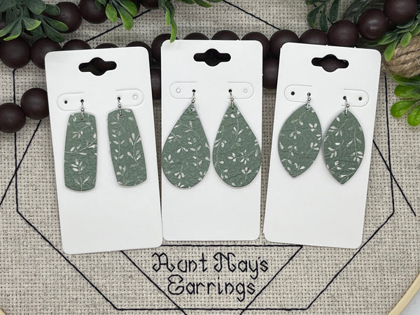 Sage Green Leather with a Delicate Creamy White Leaf Print Leather Earrings