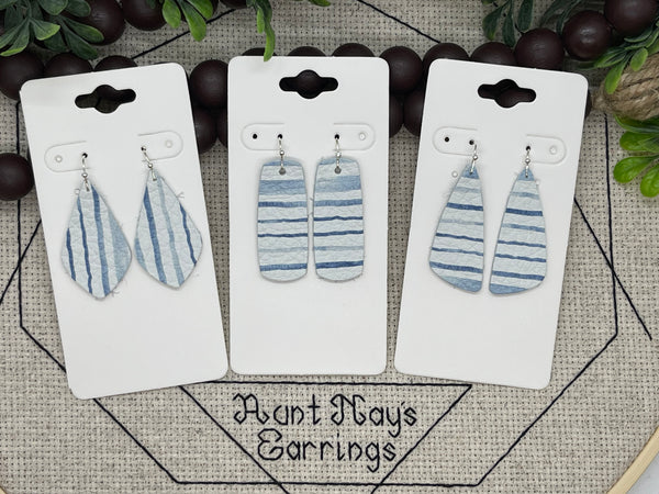 White Leather with Blue Watercolor Stripe Print Leather Earrings