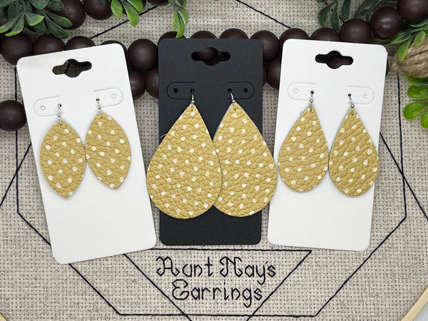 Golden Mustard Yellow Leather with White Dots Leather Earrings