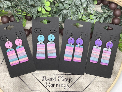 Pink Blue and Purple Striped Cork With a Coordinating Solid Color Cork Circle Connector Earrings