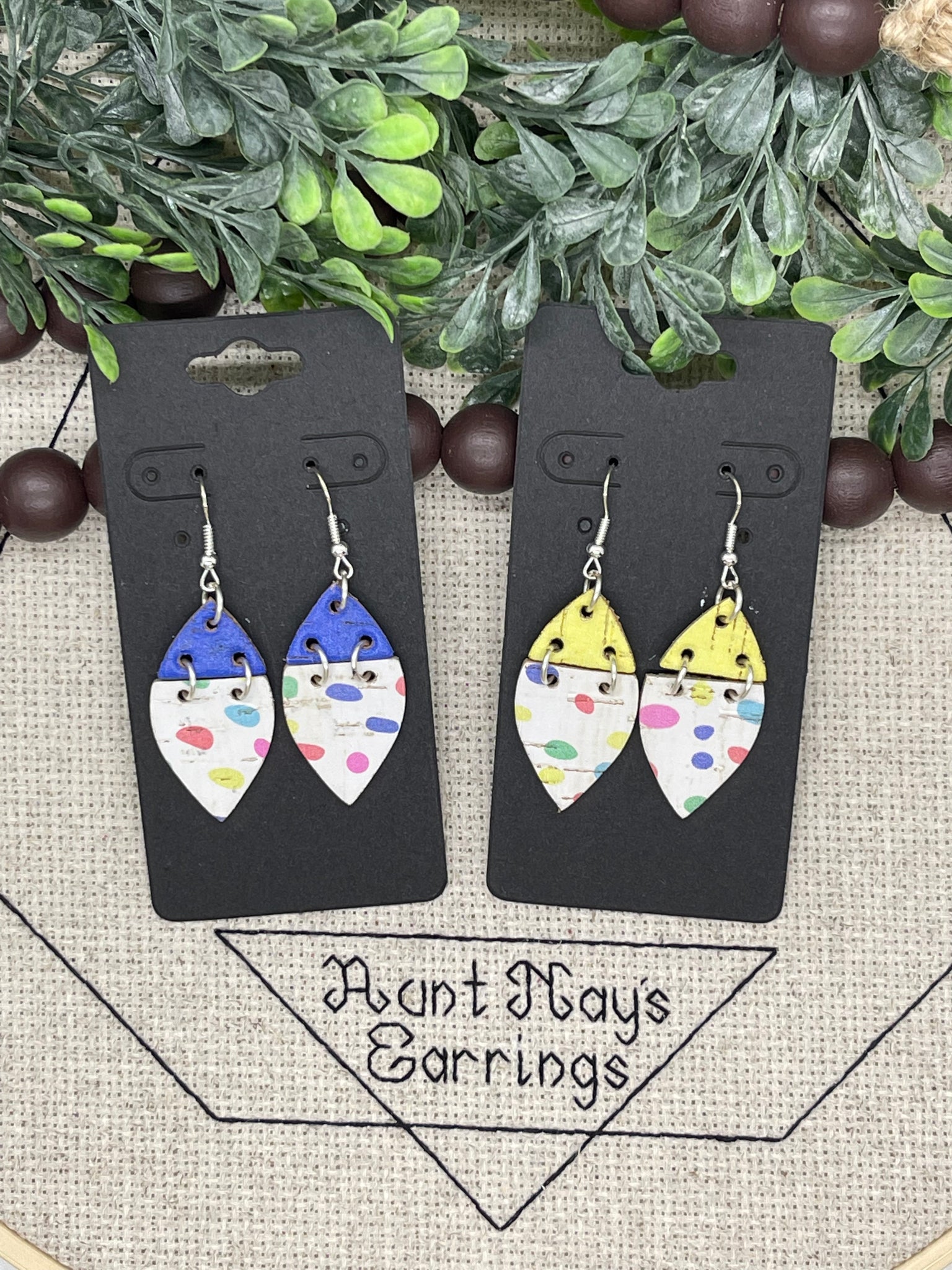 Multi-colored Dobs on White Cork with a Blue or Yellow Connector Earrings