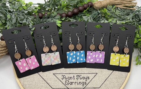 Rectangle Cork Cutouts of Printed Color Cork dangling from Wood Circle Connectors Earrings