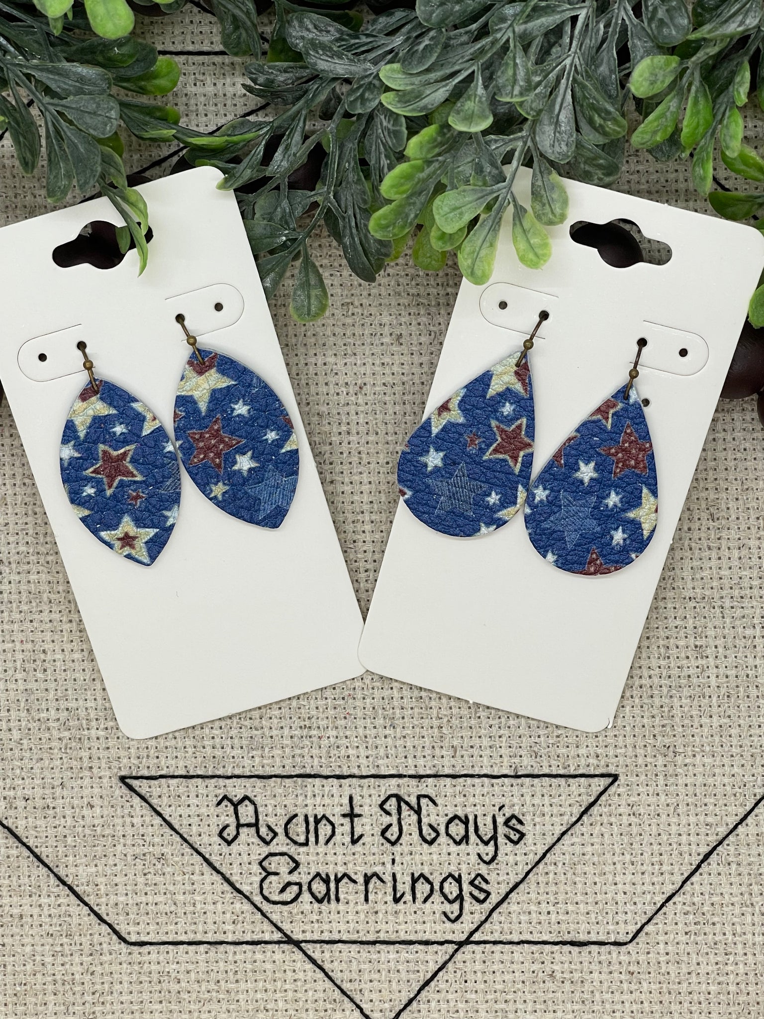 Navy Blue Leather with Cream and Red Star Print Leather Earrings