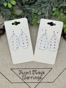 White Leather with Blue and Red Watercolor Stars Print Leather Earrings