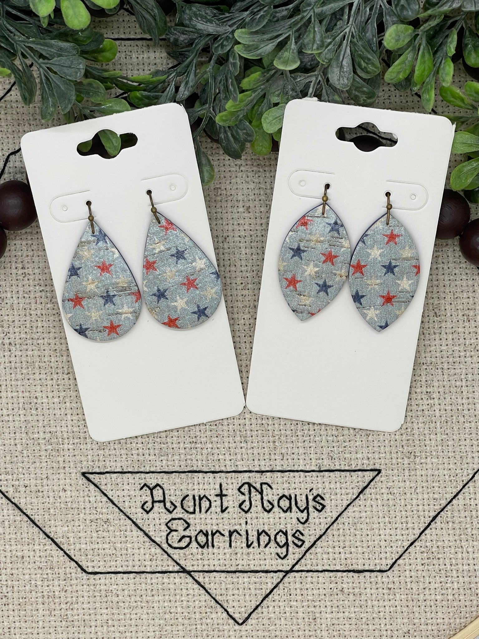 Light Blue Cork on Royal Blue Leather with Red White and Blue Star Print Leather Earrings