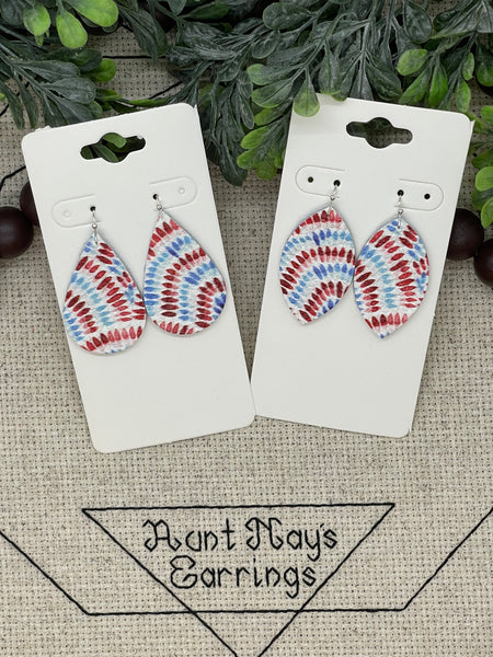 White Leather with Blue and Red Watercolor Arched Abstract Print Leather Earrings