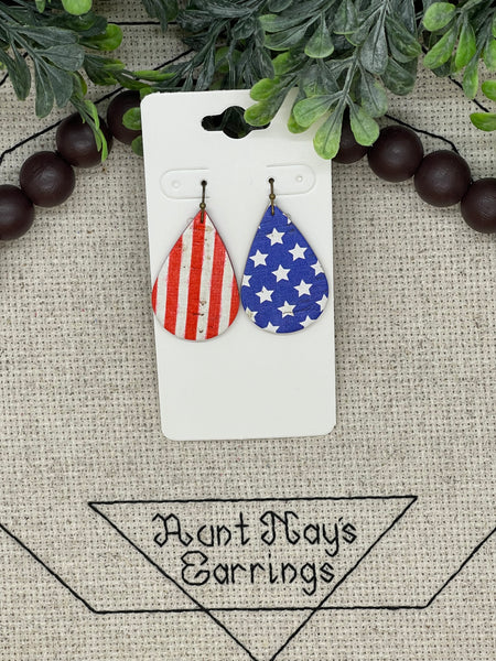 Red White and Blue Stars and Stripes Mismatched Leather Earrings