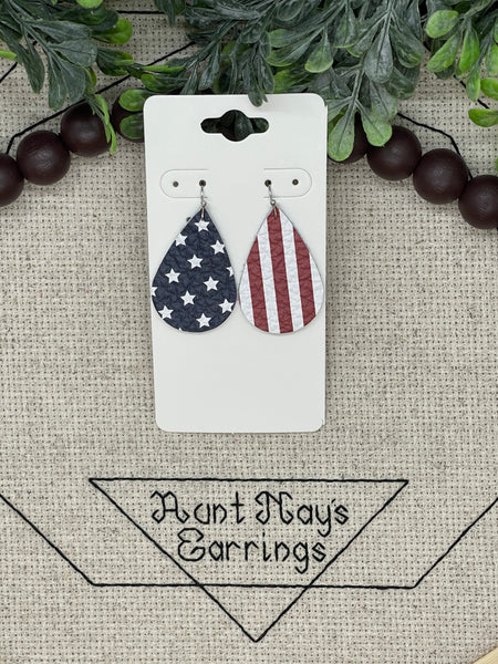 Red White and Blue Stars and Stripes Mismatched Leather Earrings