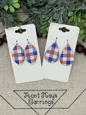 Red White and Blue Buffalo July 4th American Plaid Print Cork on Leather Earrings