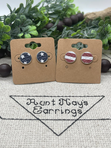 Red and White Striped or Blue with White Stars on Leather Earrings
