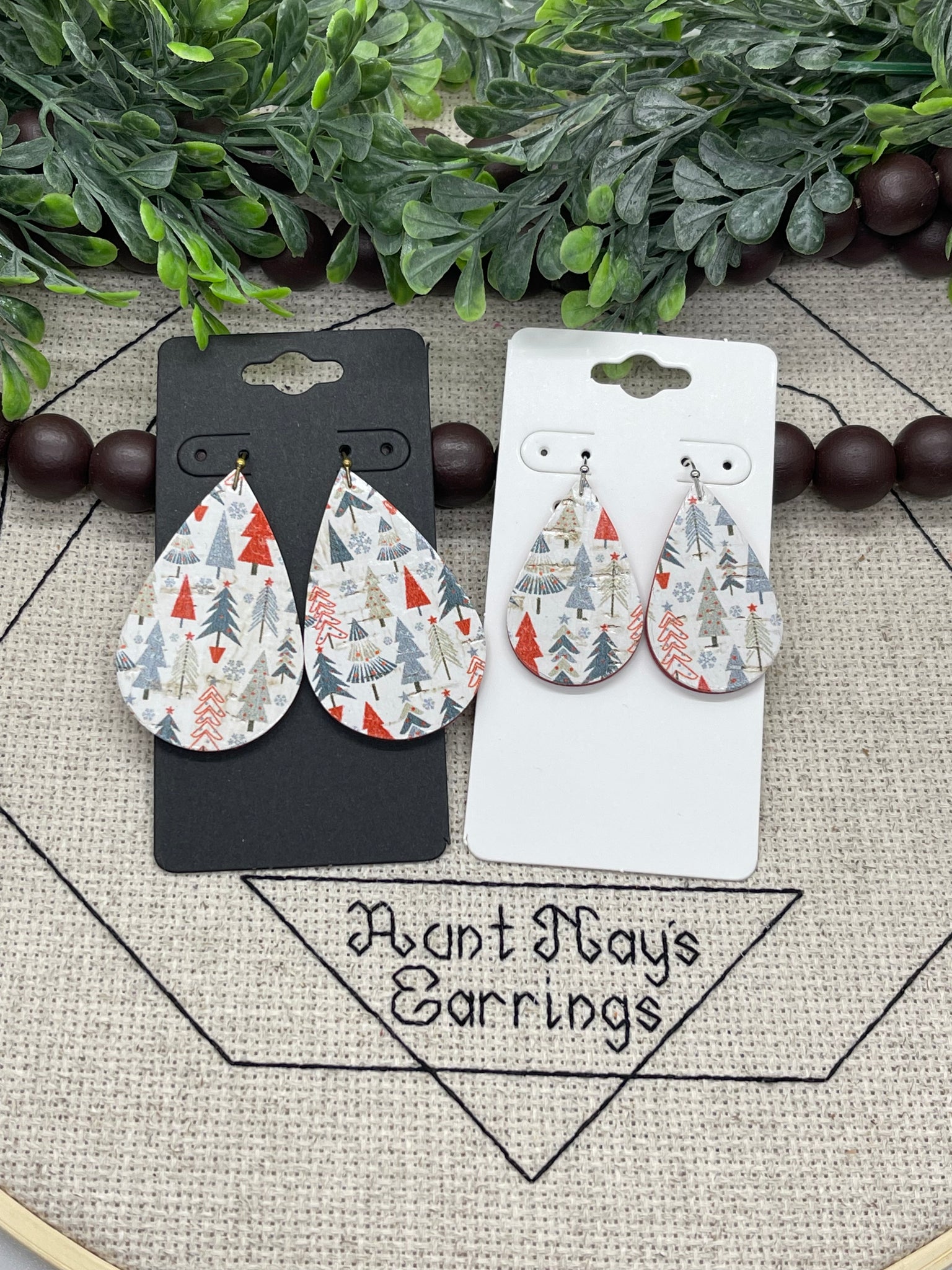 Christmas Trees in Gray and Red Print Cork on Leather Earrings