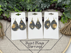 Gold Sparkly Bubble Print on Black Leather Earrings