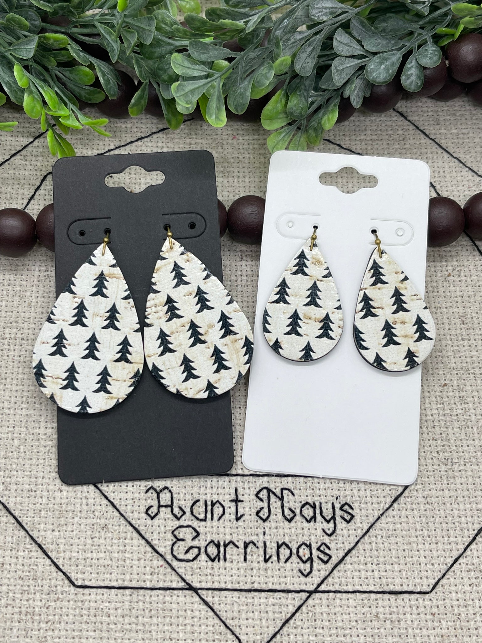 White Cork with Black Christmas Trees Print on Leather Earrings