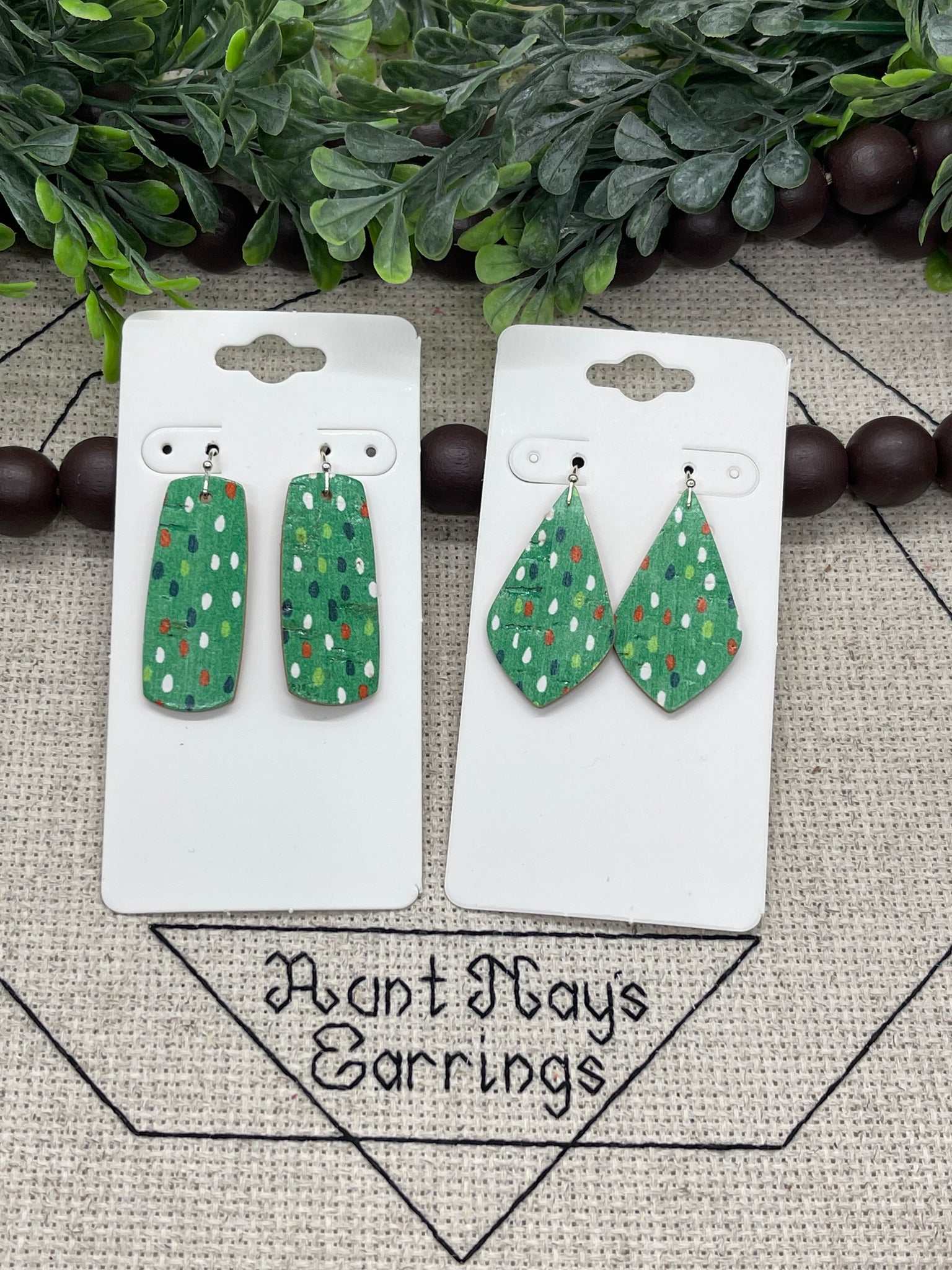 Green Cork with Red White and Green Dots Print on Leather Earrings