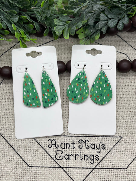 Green Cork with Red White and Green Dots Print on Leather Earrings