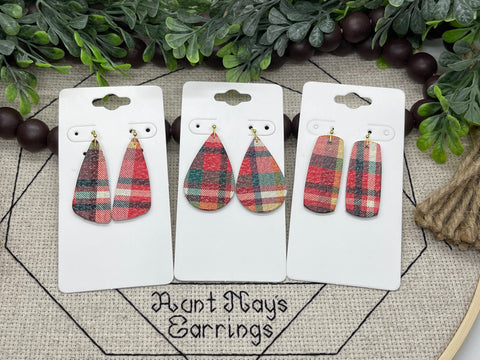 Red Christmas Plaid Leather Earrings
