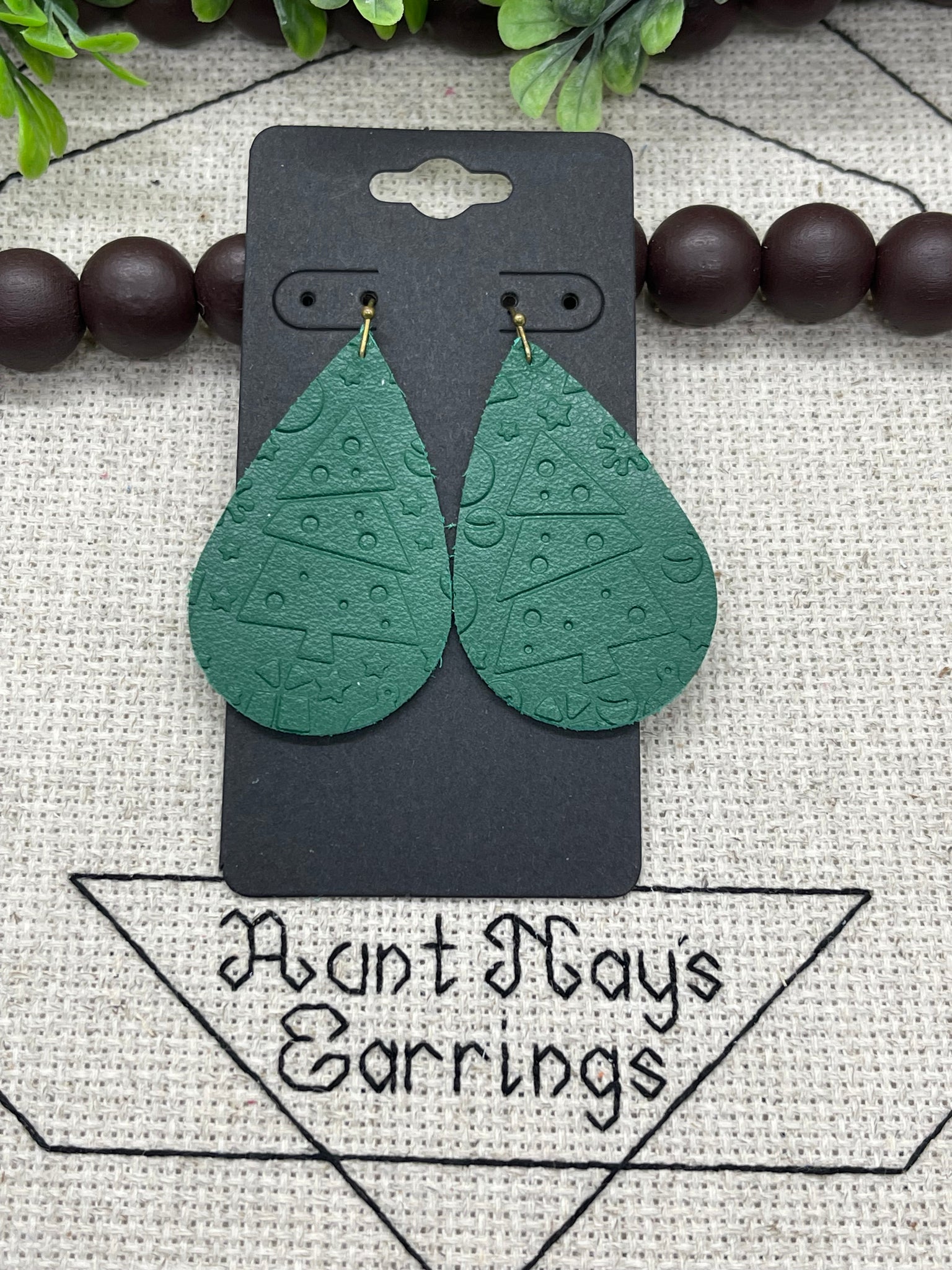 Christmas Tree Embossed Green Leather Earrings