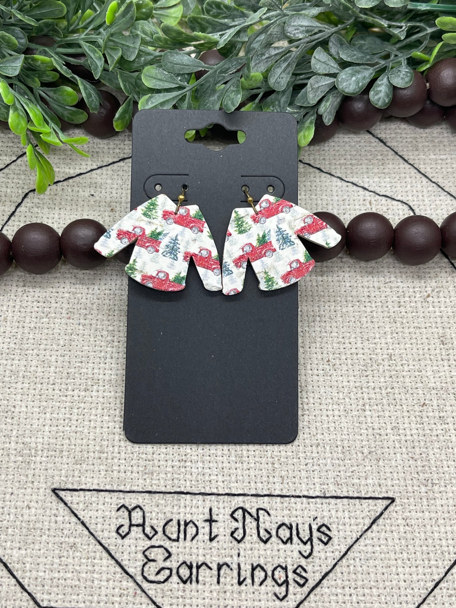 Red Truck and Tree Print Ugly Christmas Sweater Shaped Leather Earrings