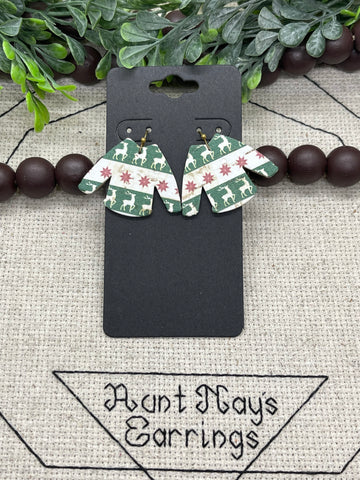Green Reindeer Print Ugly Christmas Sweater Shaped Leather Earrings