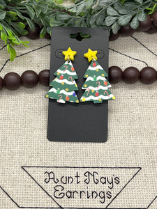 Christmas Tree Shaped Wood Piece with Printed Decorations Earrings