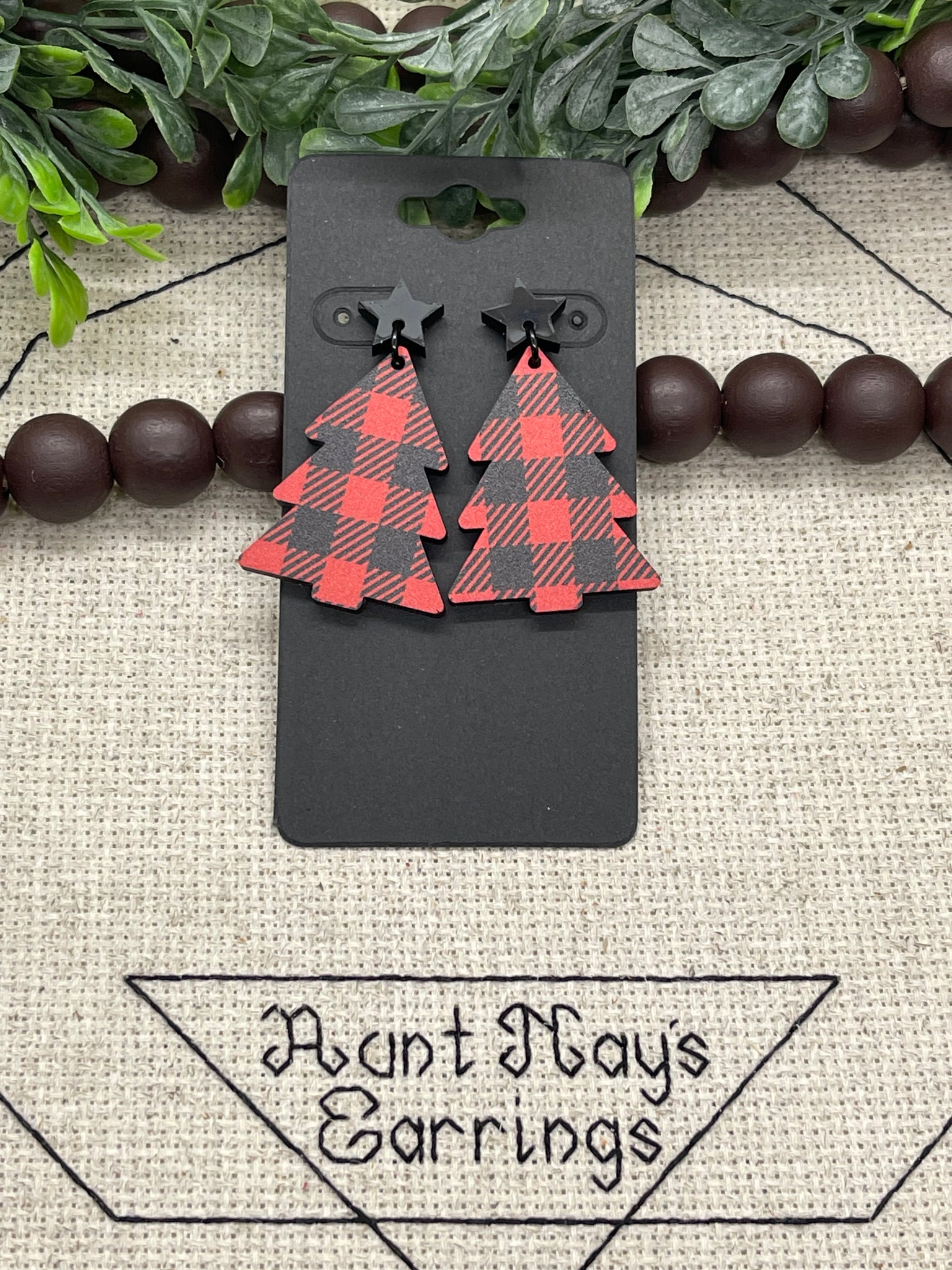 Christmas Tree Shaped Wood Piece with Red and Black Buffalo Plaid Printed Earrings