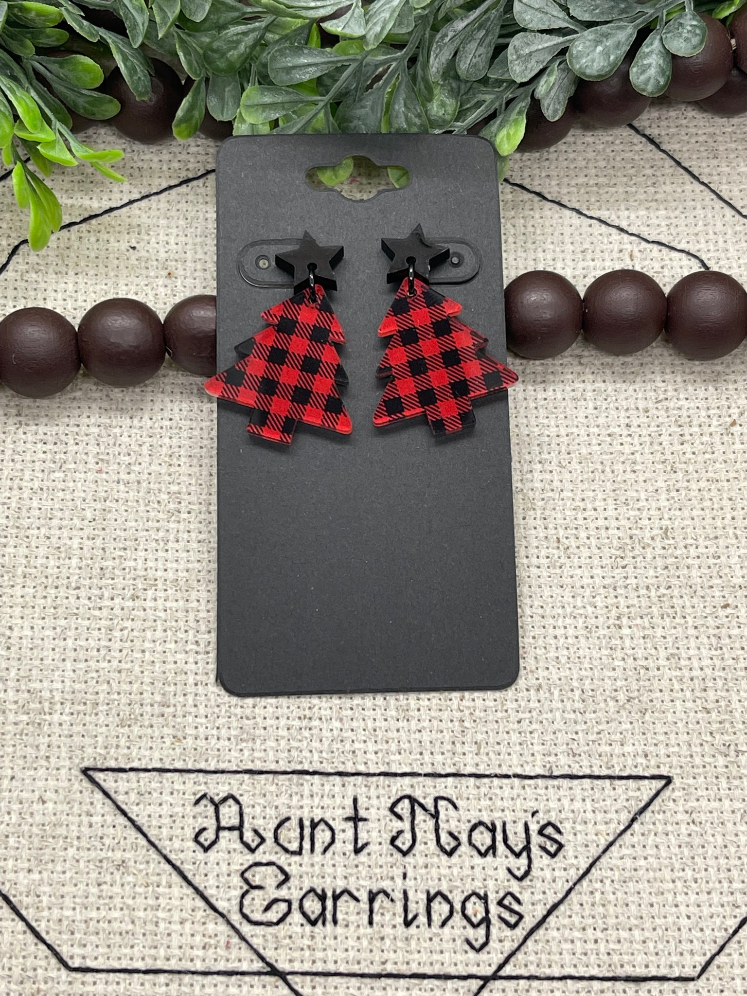 Christmas Tree Shaped Acrylic Piece with Red and Black Buffalo Plaid Printed Earrings
