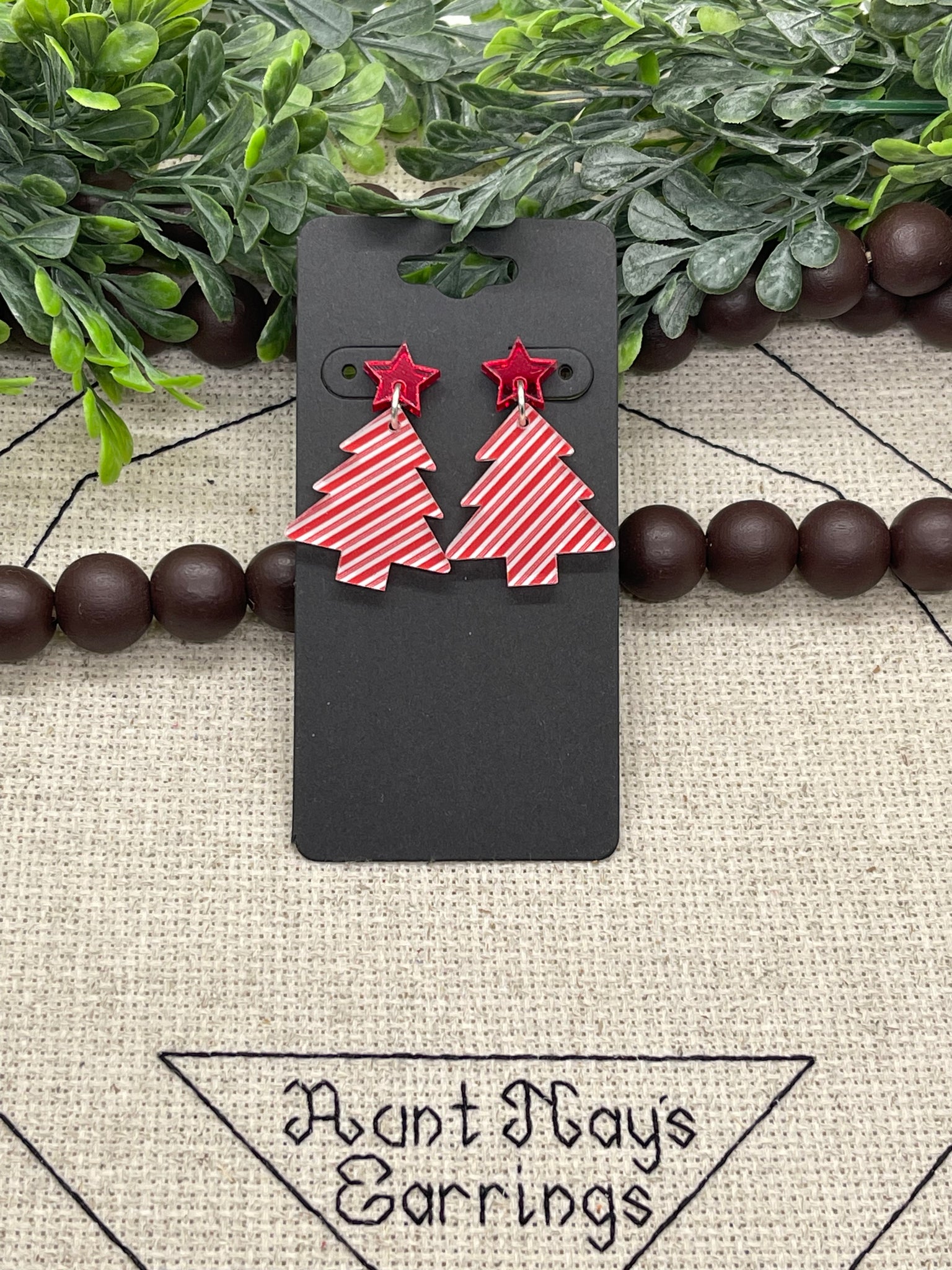Christmas Tree Shaped Acrylic Piece with Red and White Stripes Printed Earrings
