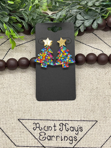 Christmas Tree Shaped Acrylic Piece with Rainbow Colored Bubbles Printed Earrings