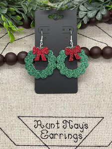 Christmas Wreath and Bow in Green and Red Glitter Cork on Leather Earrings
