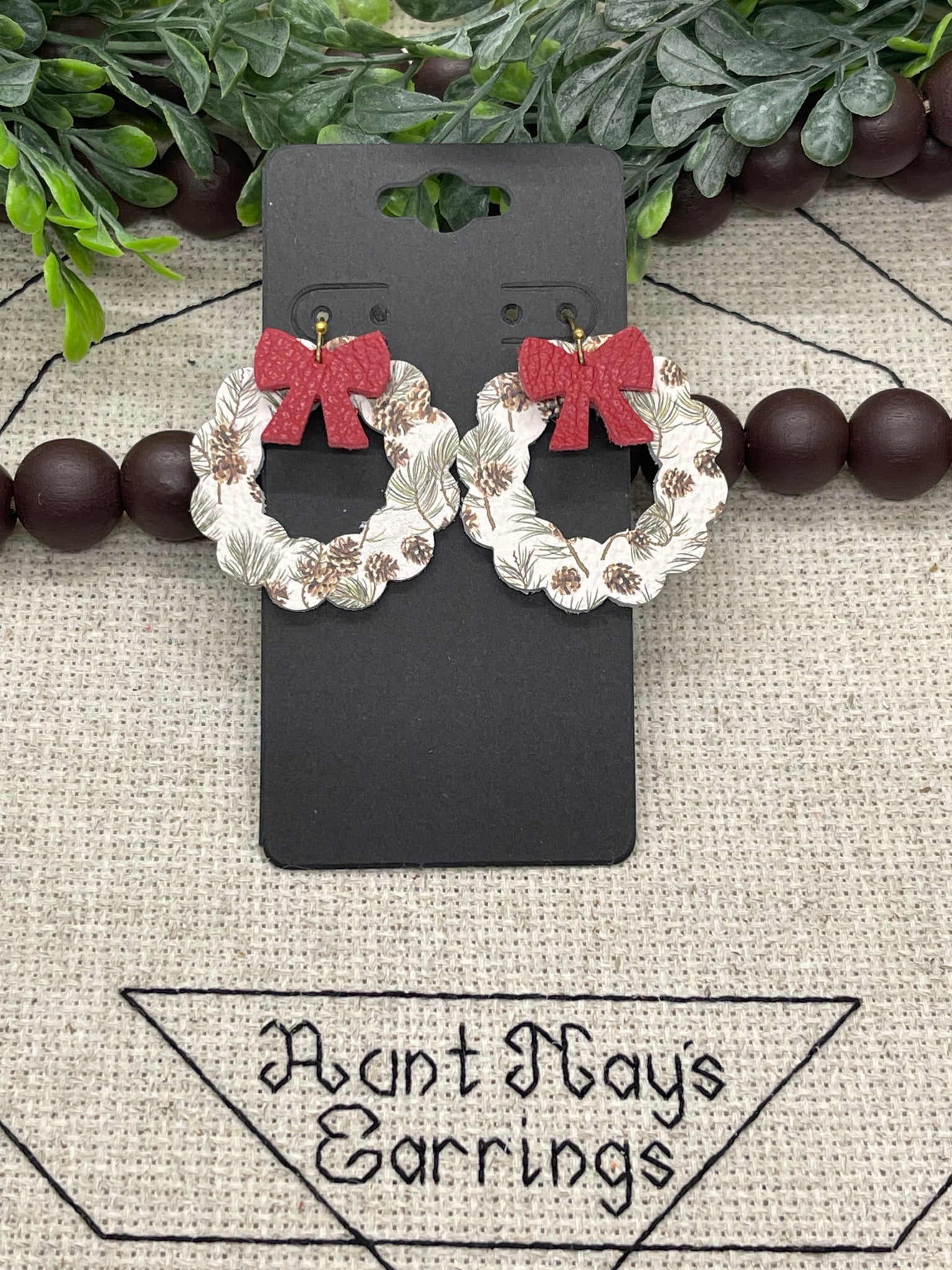 Christmas Wreath and Bow in Pine Print Leather Earrings
