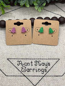 Tiny Little Pink or Green Glitter Acrylic Tree Shaped Stud Earrings