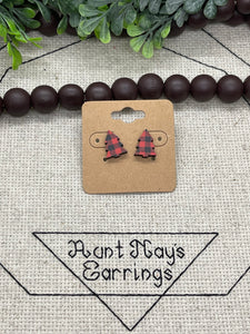 Little Red and Black Buffalo Plaid Print Wood Stud Earrings