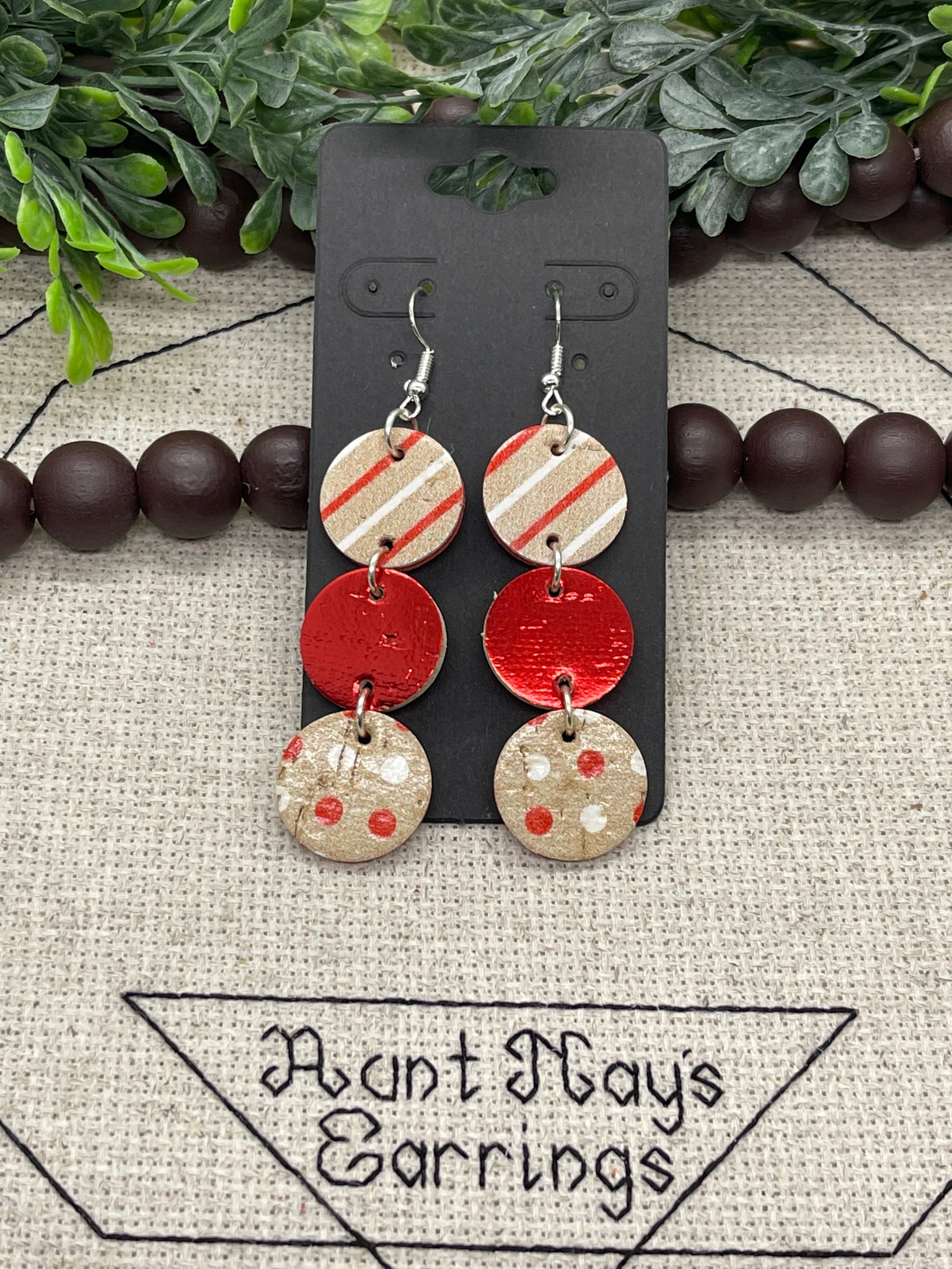 Stacked Circle Red White and Taupe Print Cork on Leather Earrings