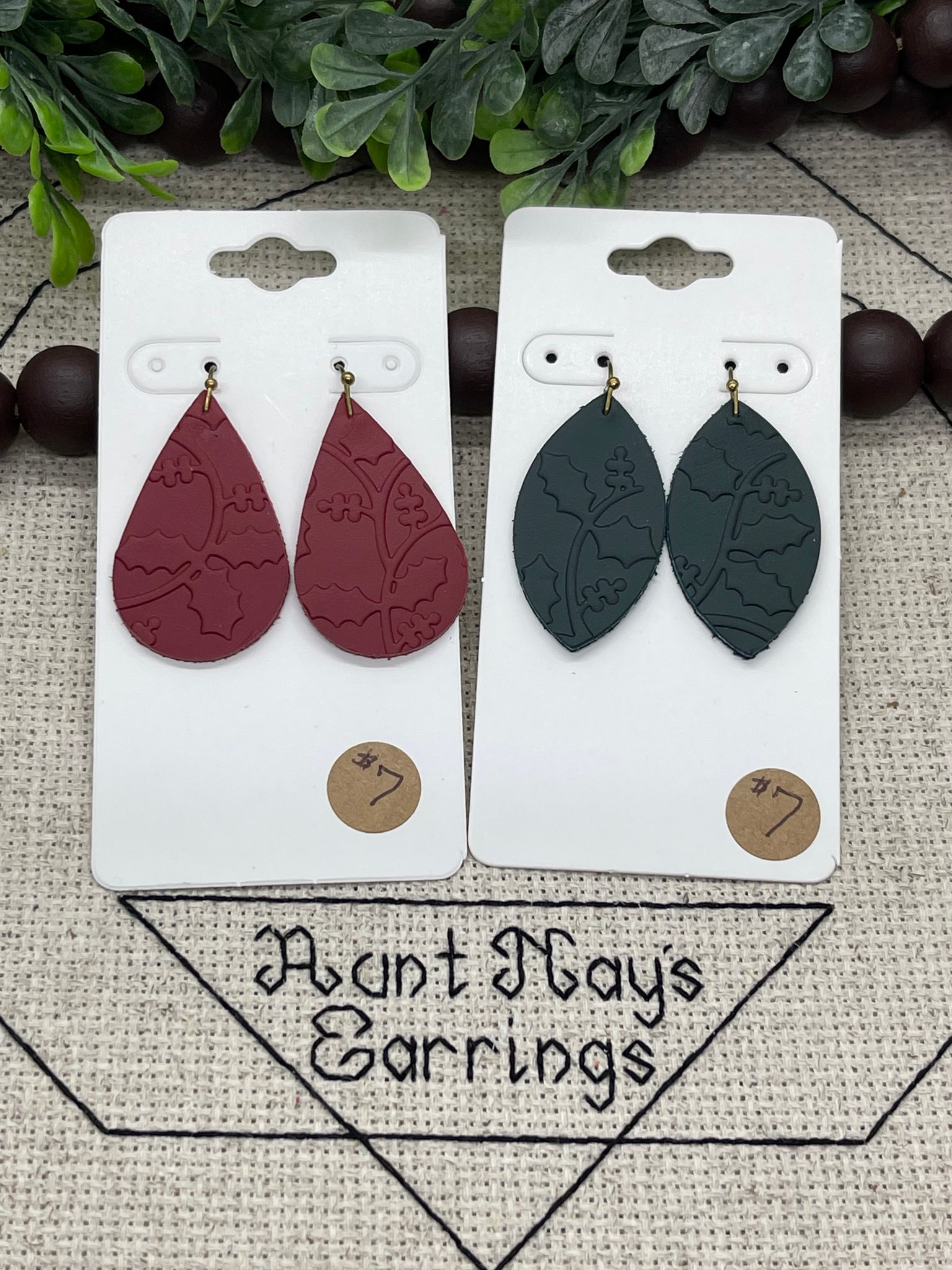 Holly Leaves and Berries Embossed Dark Green or Dark Red Leather Earrings