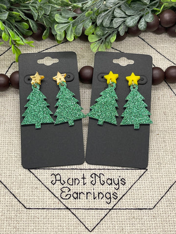 Green Fine Glitter Christmas Tree Shaped Cork on Leather Earrings with Star Topper