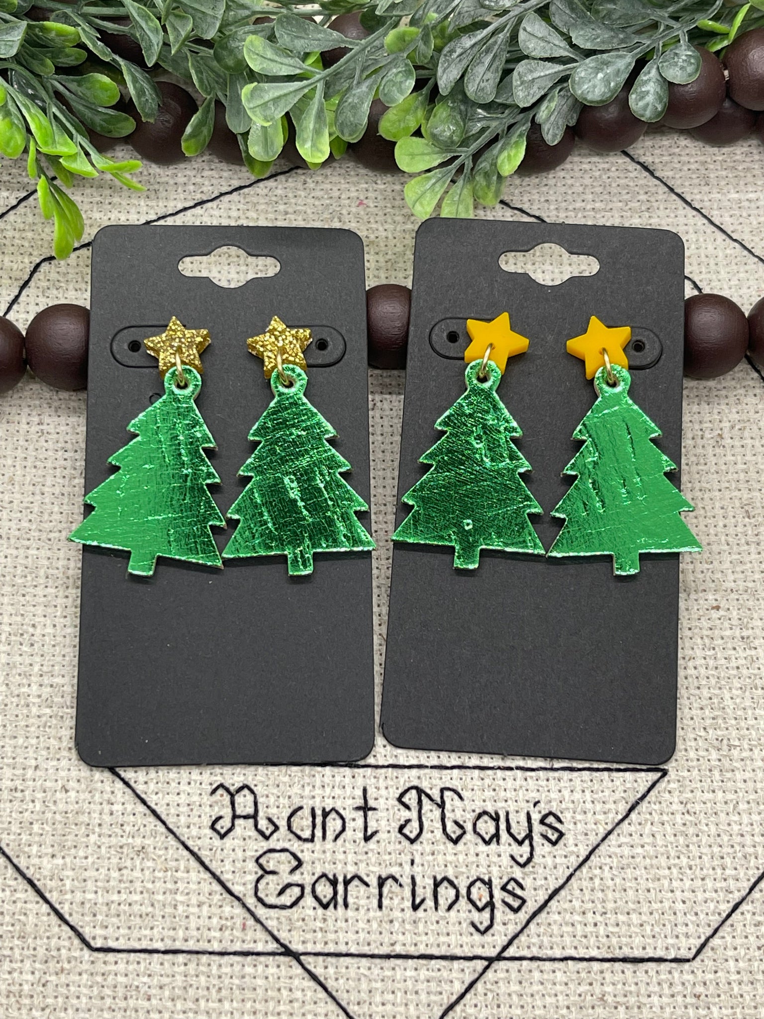 Metallic Green Christmas Tree Shaped Cork on Leather Earrings with Star Topper