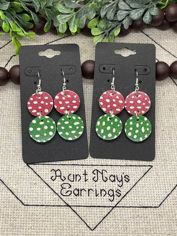 Stacked Circle Red and Green Dot Cork on Leather Earrings