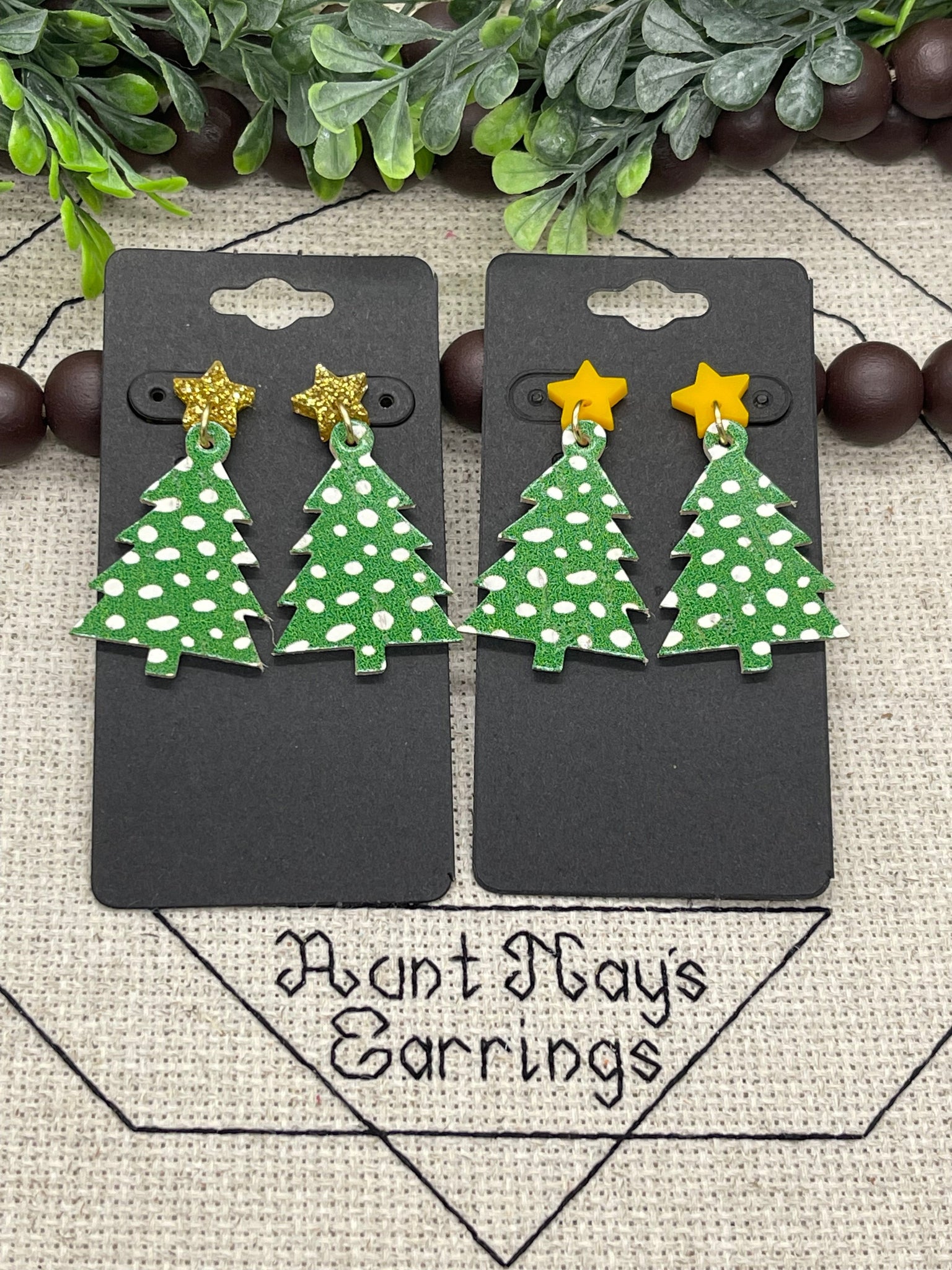 Green and White Dot Christmas Tree Shaped Cork on Leather Earrings with Star Topper