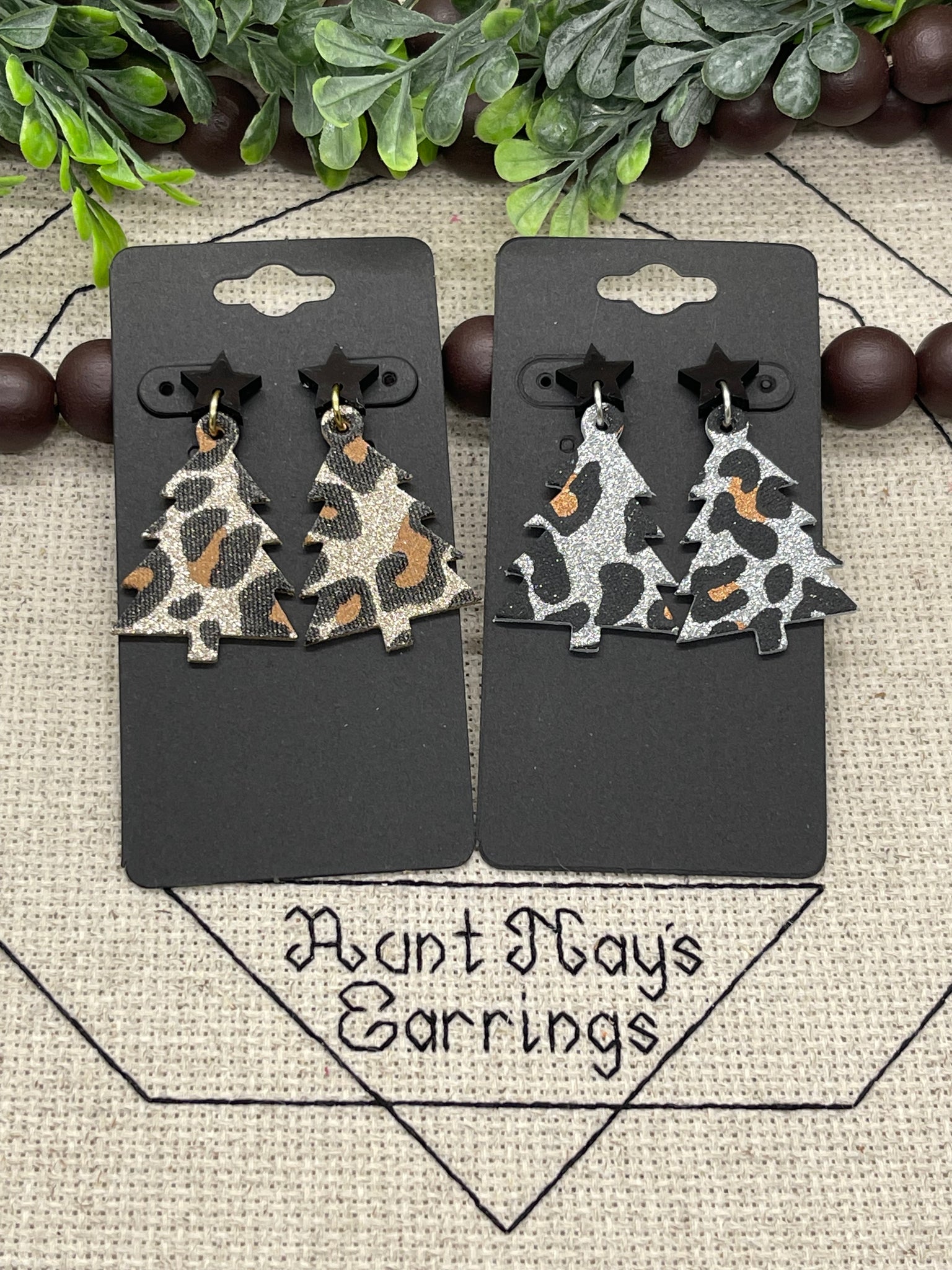 Leopard Print Christmas Tree Shaped Cork on Leather Earrings with Star Topper
