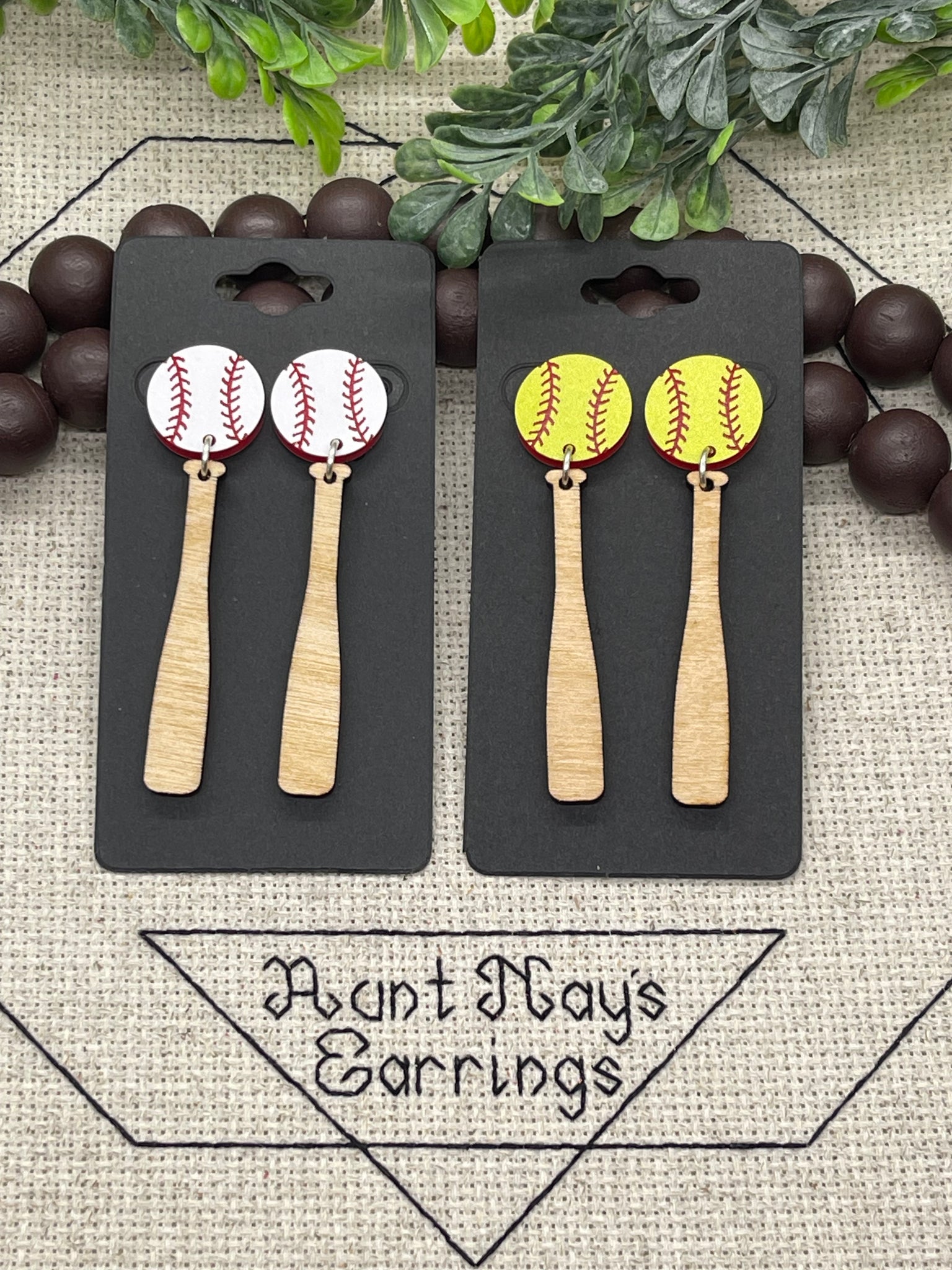 Acrylic Baseball and Softball Studs with a Wood Baseball Bat Earrings