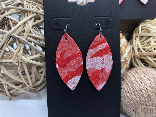Silver Camo on Red Suede Leather Earrings